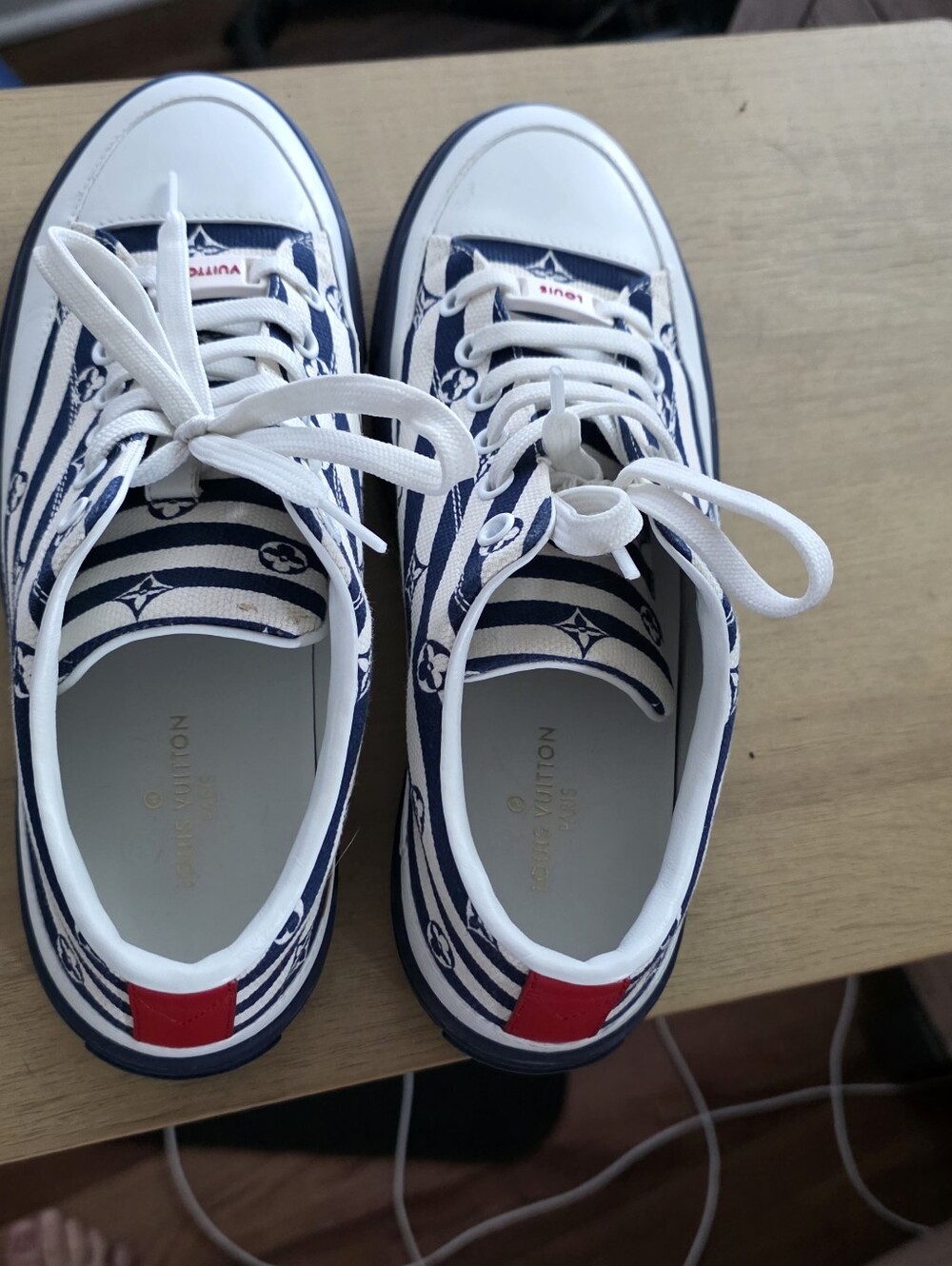 Louis Vuitton Navy White Striped Platform Sneakers With Red On The Back